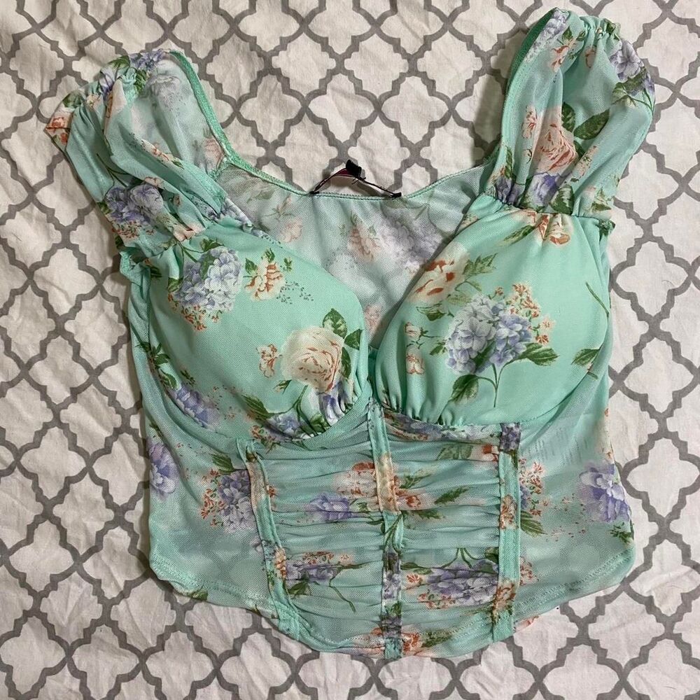 Almost-famous Mint Floral Mesh Corset Top Size Medium